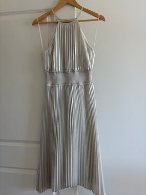 Express Metallic Silver Pleated Halter Midi Dress